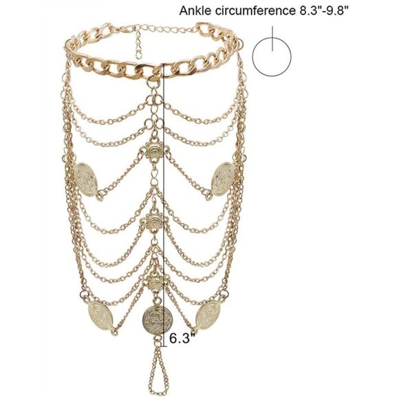 Yellow Gold Multilayered Adjustable Boho Coin Anklet Foot Chains - Set of 2 - Picture 5 of 6